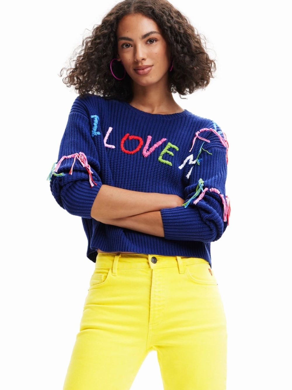 Desigual Embroidered 'I Love Me' Blue Thin Gauge Graphic Crewneck Sweater XL NWT